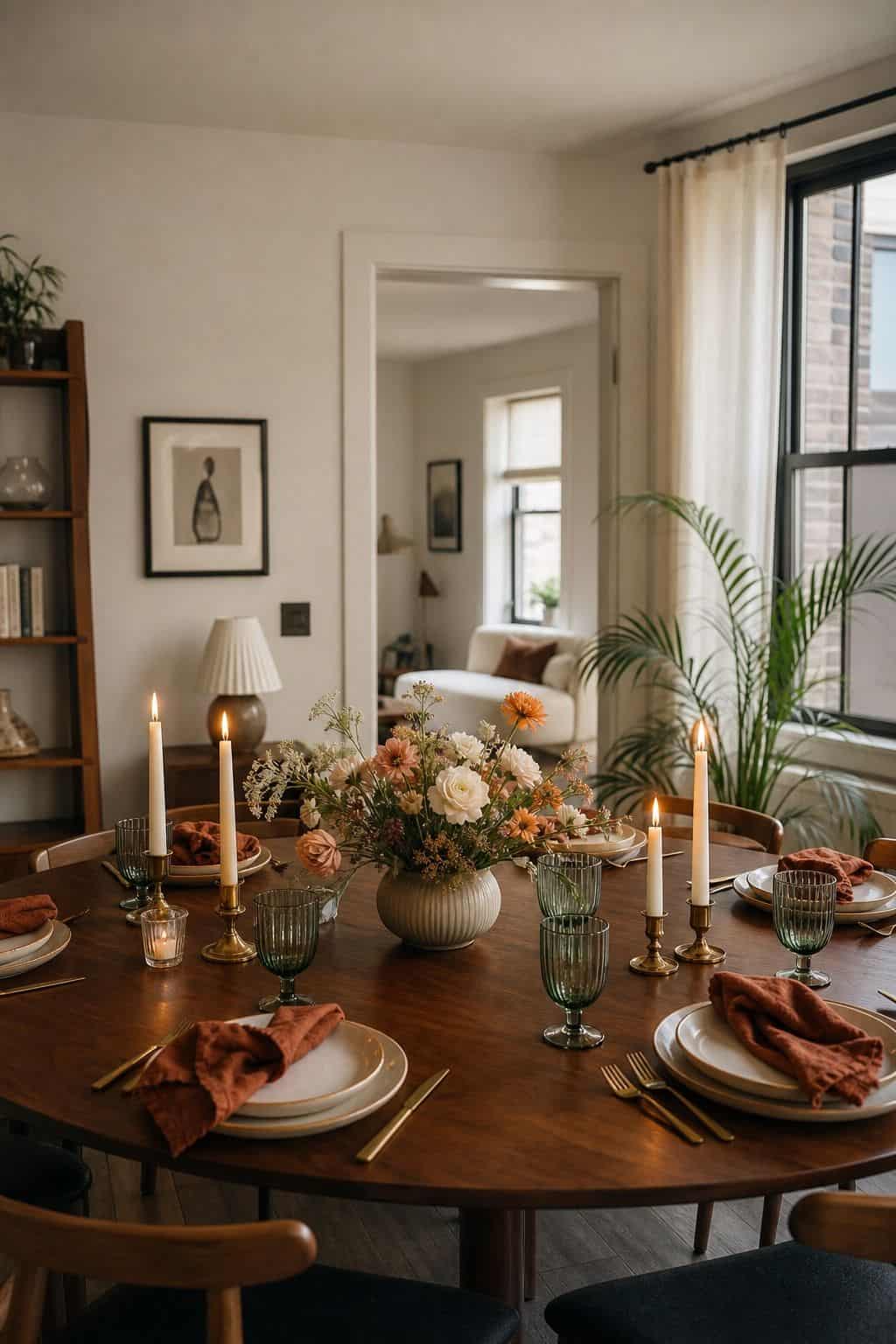 Low New Year centerpiece below conversation height with balanced candles, florals, empty table space, muted green glassware, and rust napkins.