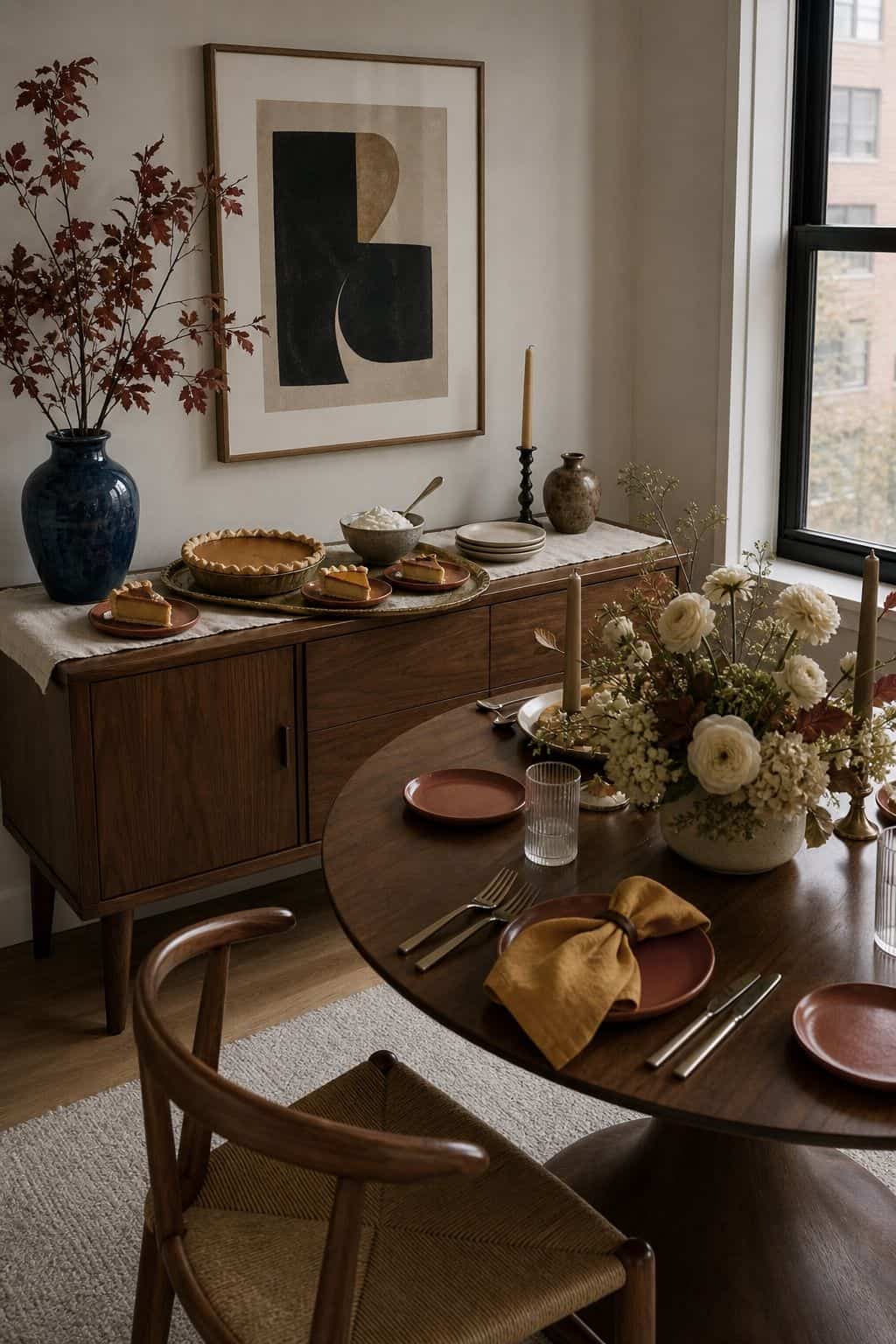 Walnut side console with Thanksgiving dessert tray, pumpkin pie, rust plates, and round table nearby