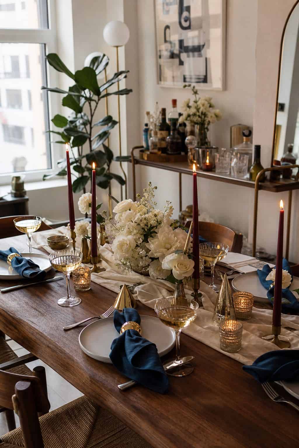 Fully coordinated New Year table with white florals, metallic candles, champagne coupes, deep blue napkins, burgundy tapers, and walnut bar cart.
