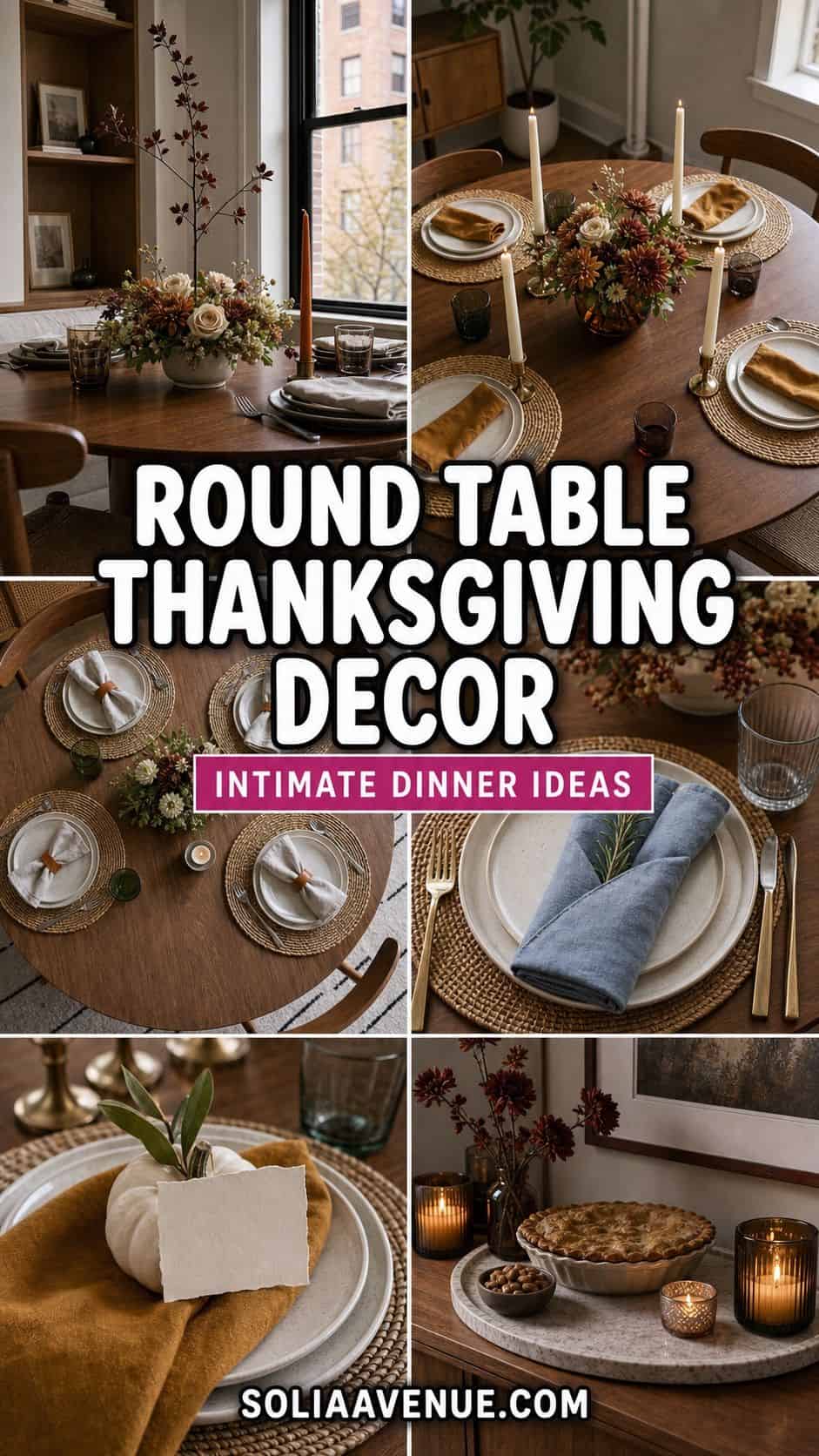 Pinterest collage pin with round Thanksgiving table decor scenes, white outlined text, pink subtitle bar, and Solia Avenue branding
