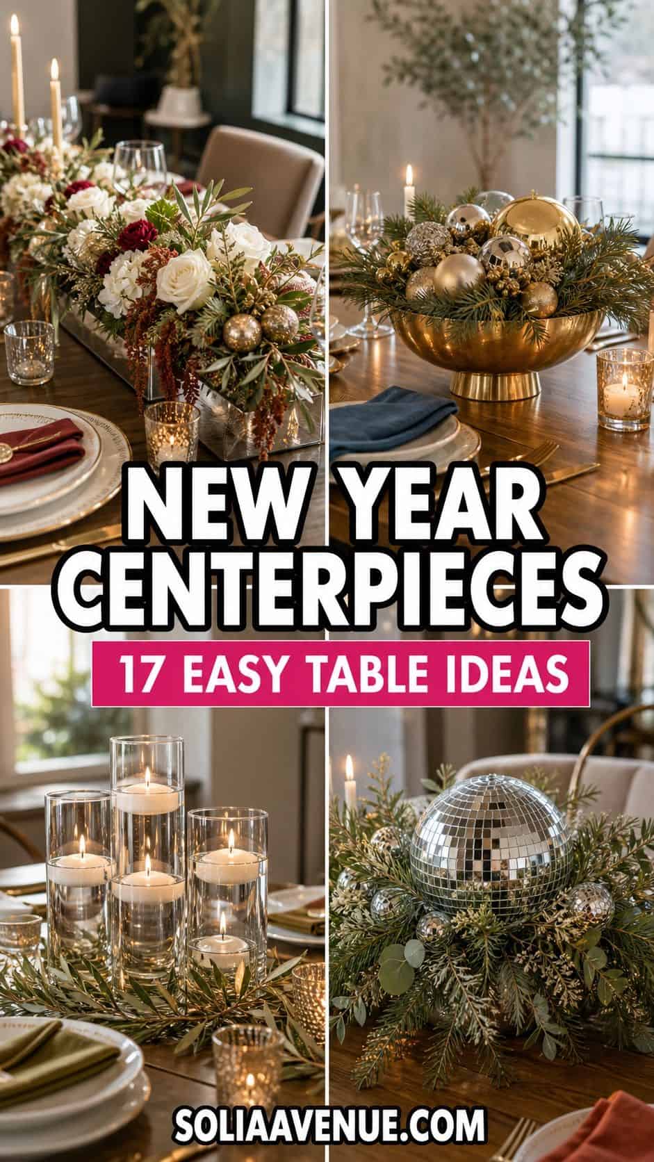 Pinterest pin collage for New Year centerpiece ideas with white outlined title text, pink subtitle bar, and elegant party table decor photos