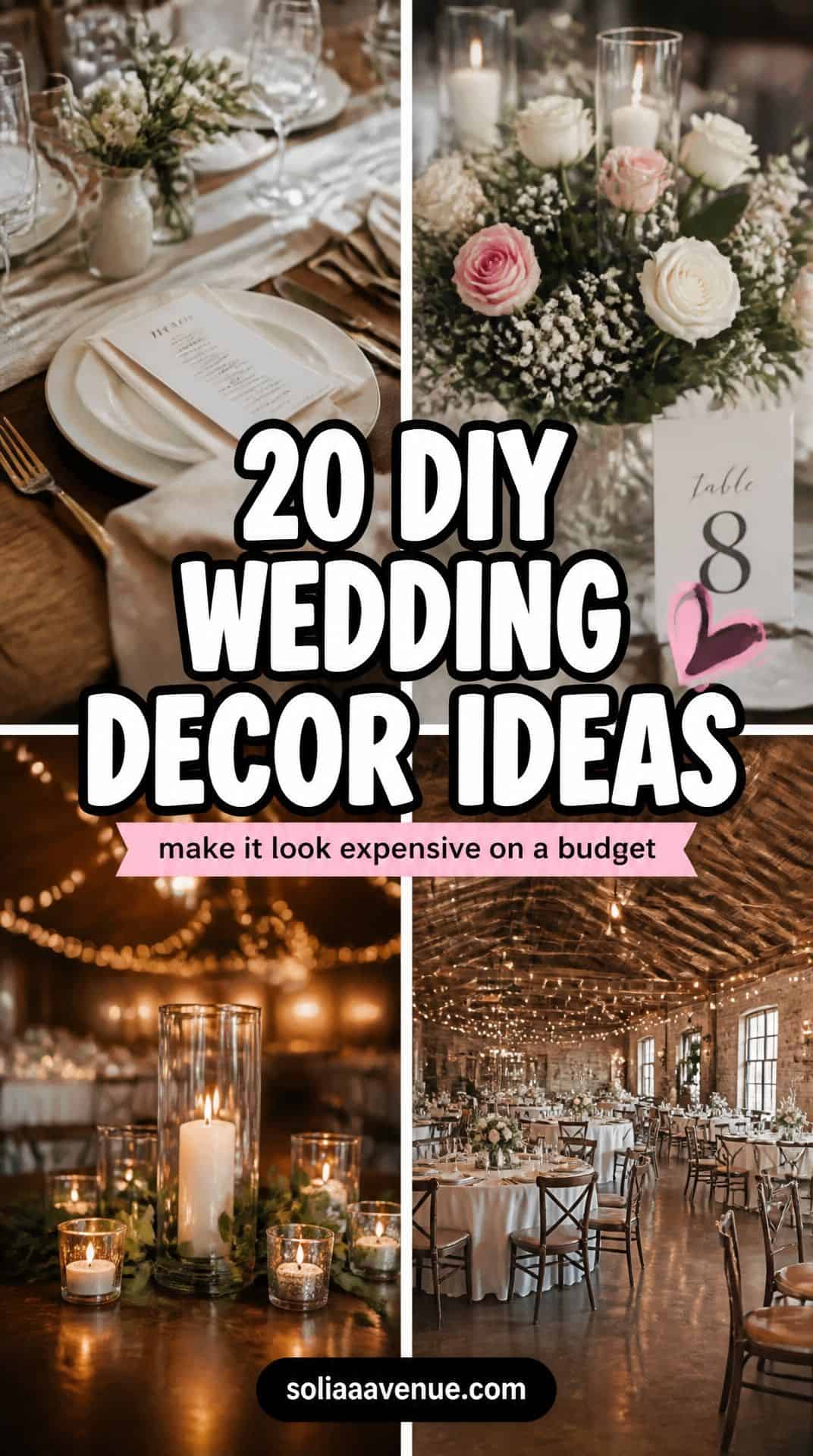 DIY wedding decor ideas: centerpieces, table numbers, and string lights