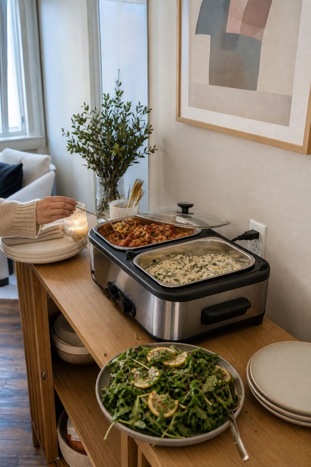 Food Warmer for a small apartment hosting essentials setup.
