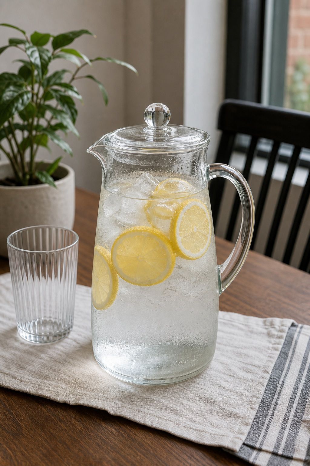 Glass Pitcher with Lid for a small apartment hosting essentials setup.