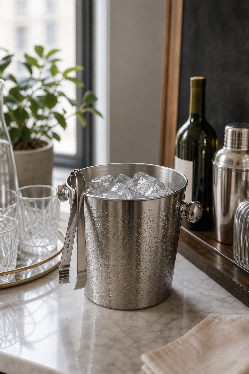 Stainless Steel Ice Bucket with Tongs for a small apartment hosting essentials setup.
