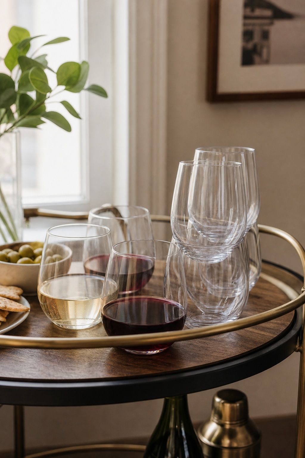 Stemless Plastic Wine Glasses for a small apartment hosting essentials setup.