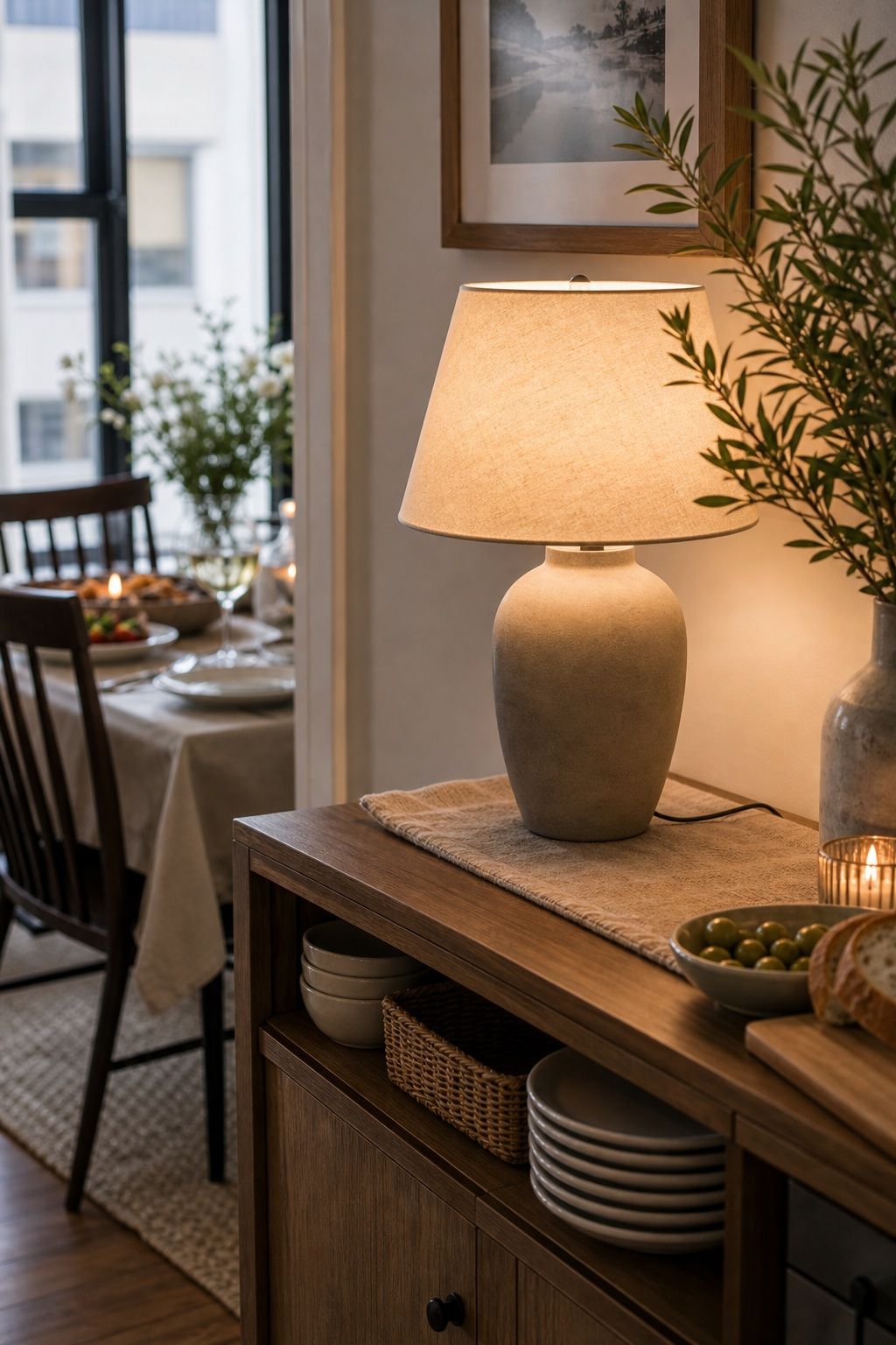 Table Lamp for a small apartment hosting essentials setup.