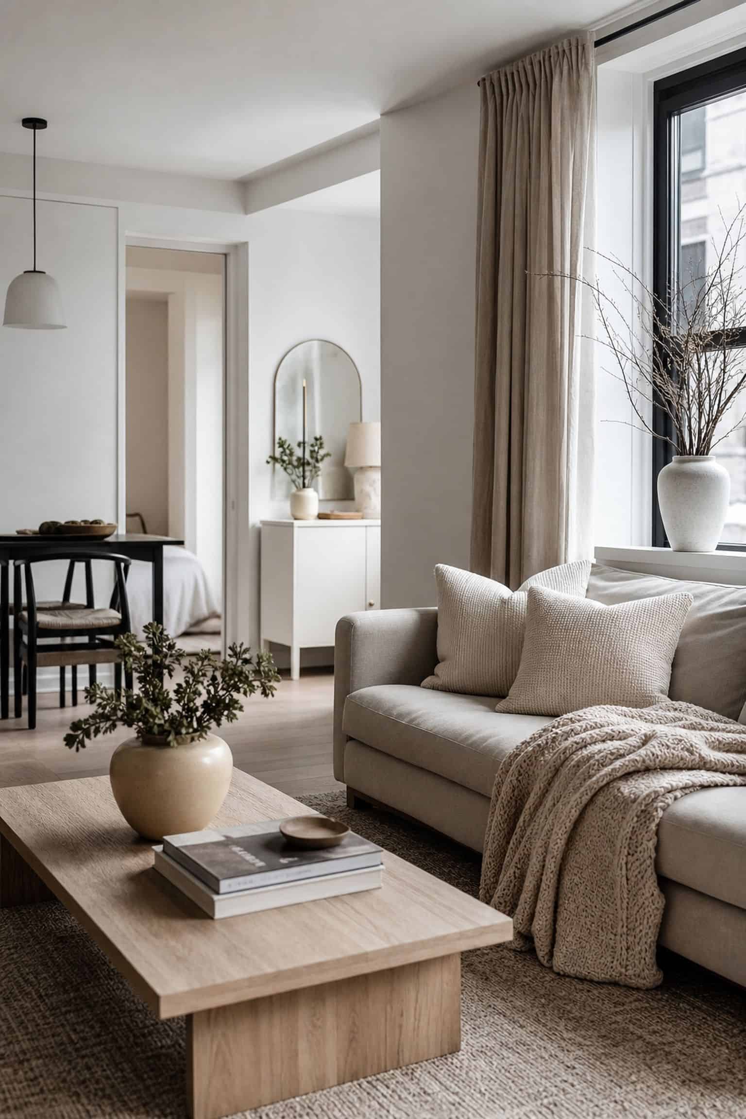 Shift to a Calm, Neutral Palette small apartment idea for Top 19 After-Christmas Winter Decor Ideas for Small Apartments.