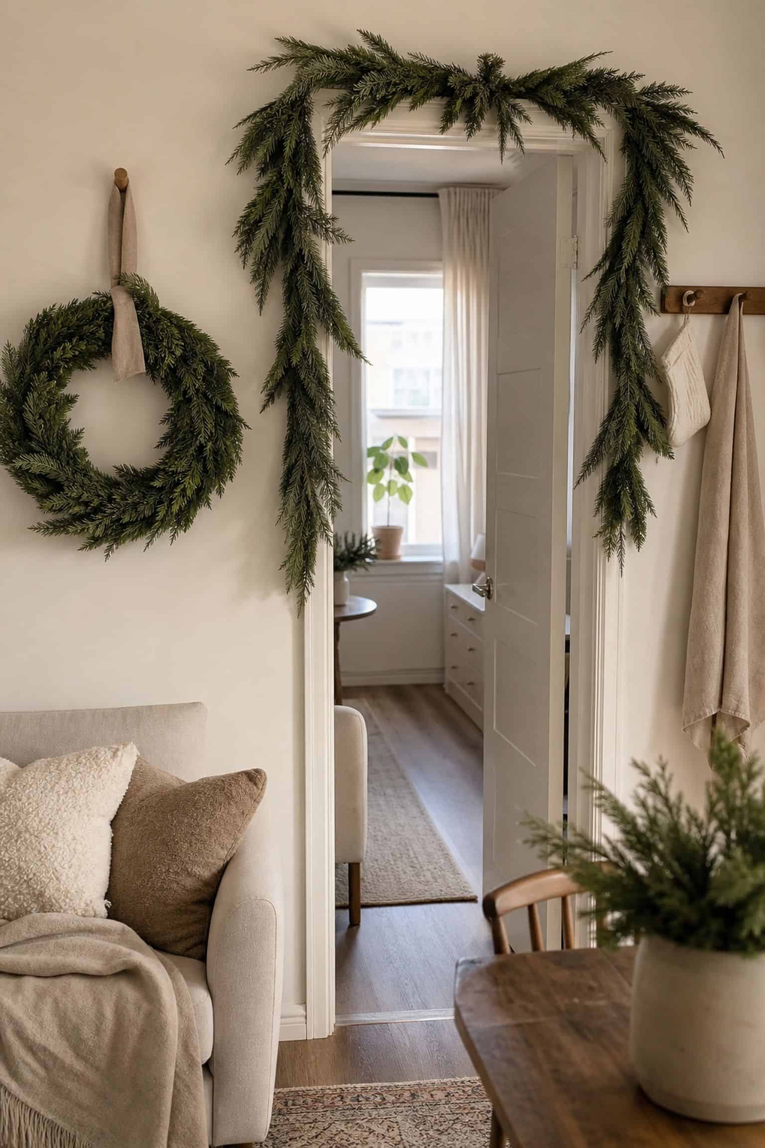 Keep the Evergreen Garlands and Wreaths small apartment idea for Top 19 After-Christmas Winter Decor Ideas for Small Apartments.