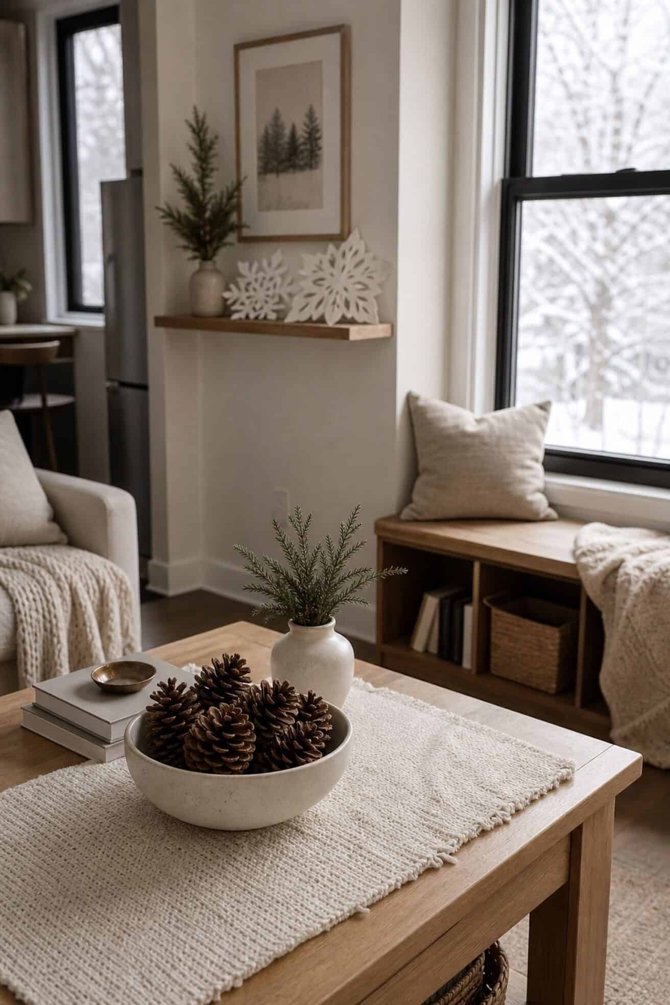 Keep Pinecones, Snowflakes, and Winter Motifs small apartment idea for Top 19 After-Christmas Winter Decor Ideas for Small Apartments.
