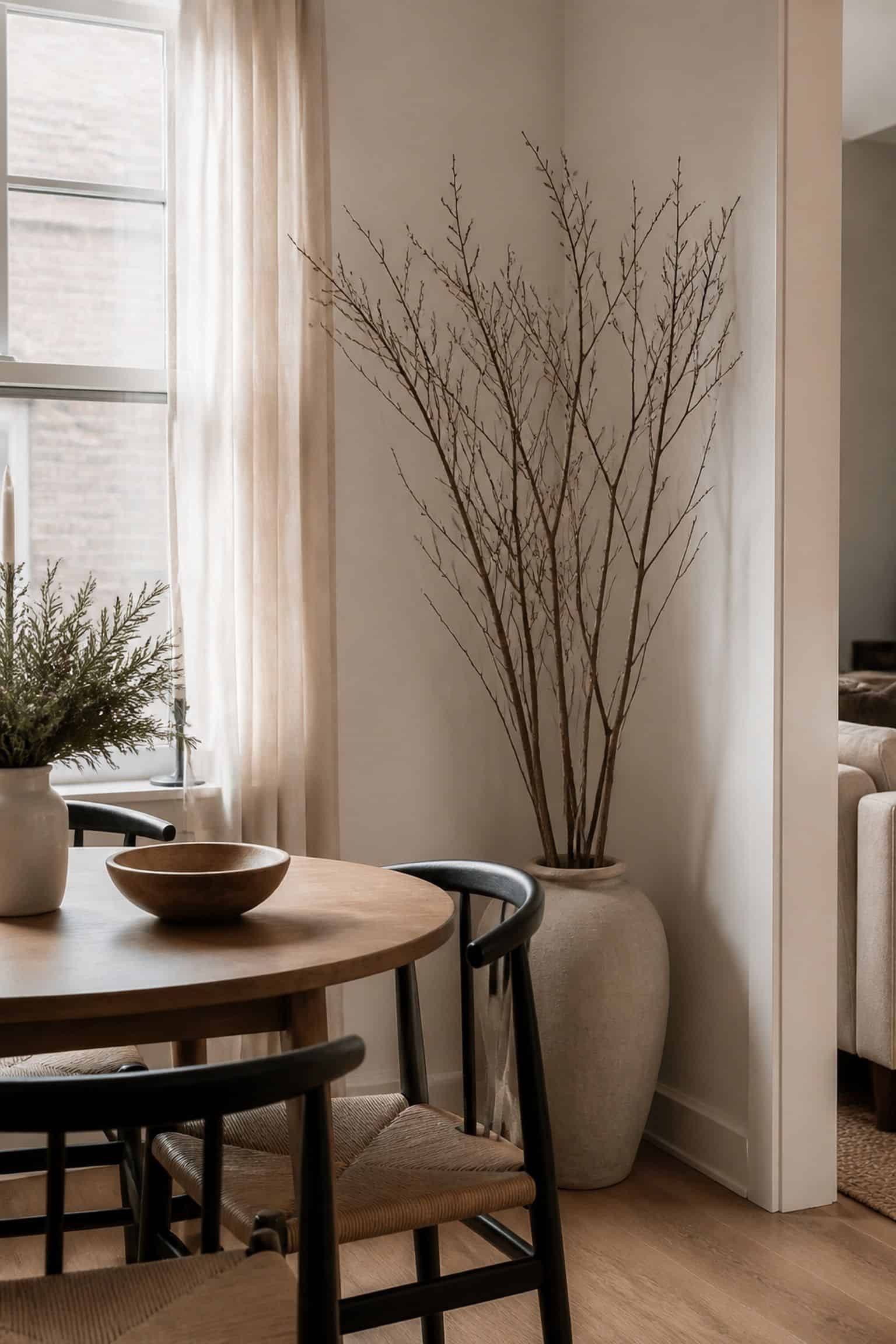 Add Bare Branches for Sculptural Winter Height small apartment idea for Top 19 After-Christmas Winter Decor Ideas for Small Apartments.