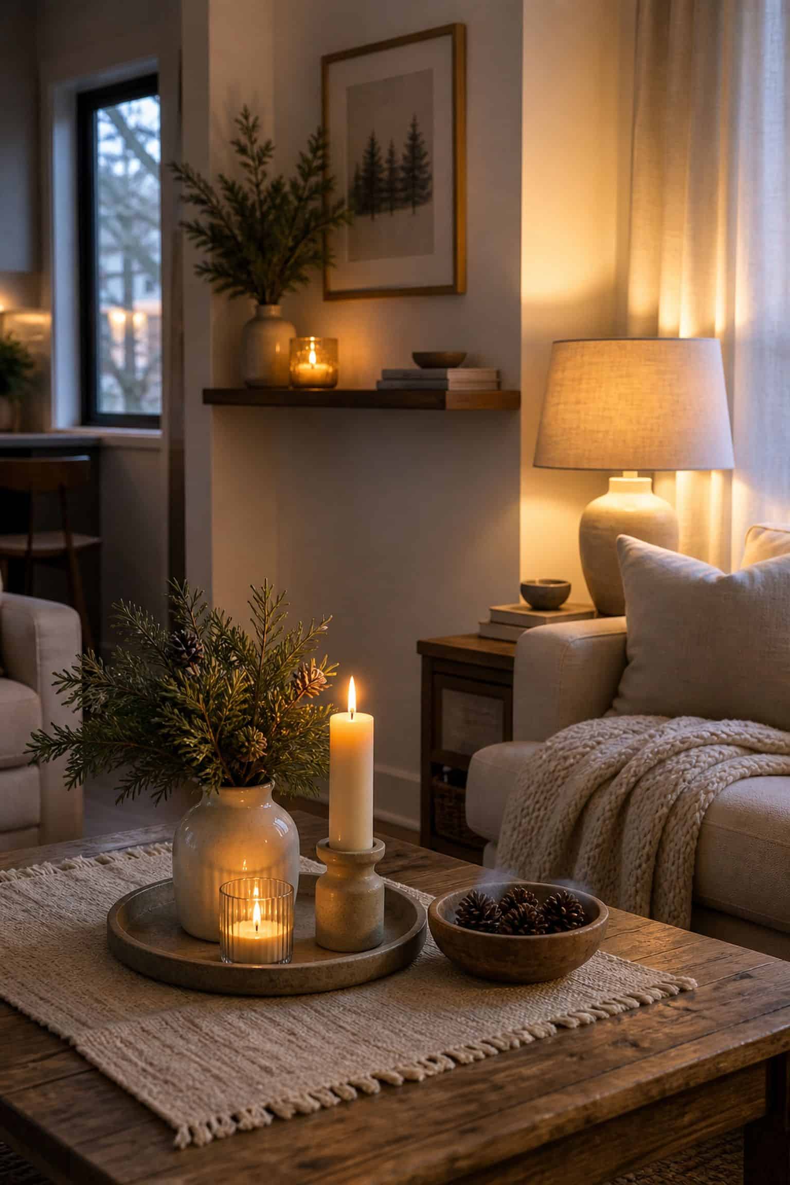 Keep Warm Lighting and Candlelight small apartment idea for Top 19 After-Christmas Winter Decor Ideas for Small Apartments.