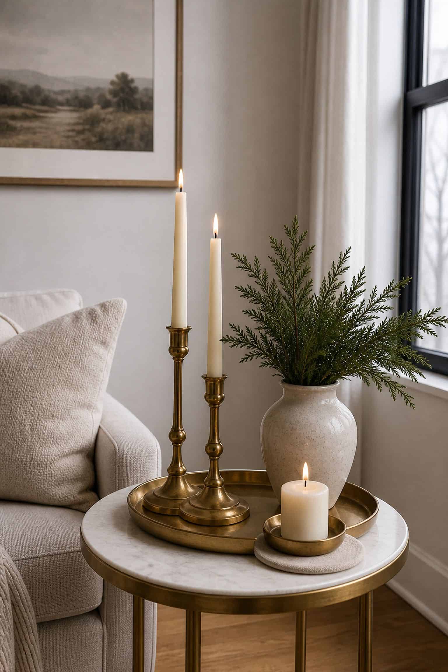 Add Brass and Warm Metal Accents small apartment idea for Top 19 After-Christmas Winter Decor Ideas for Small Apartments.