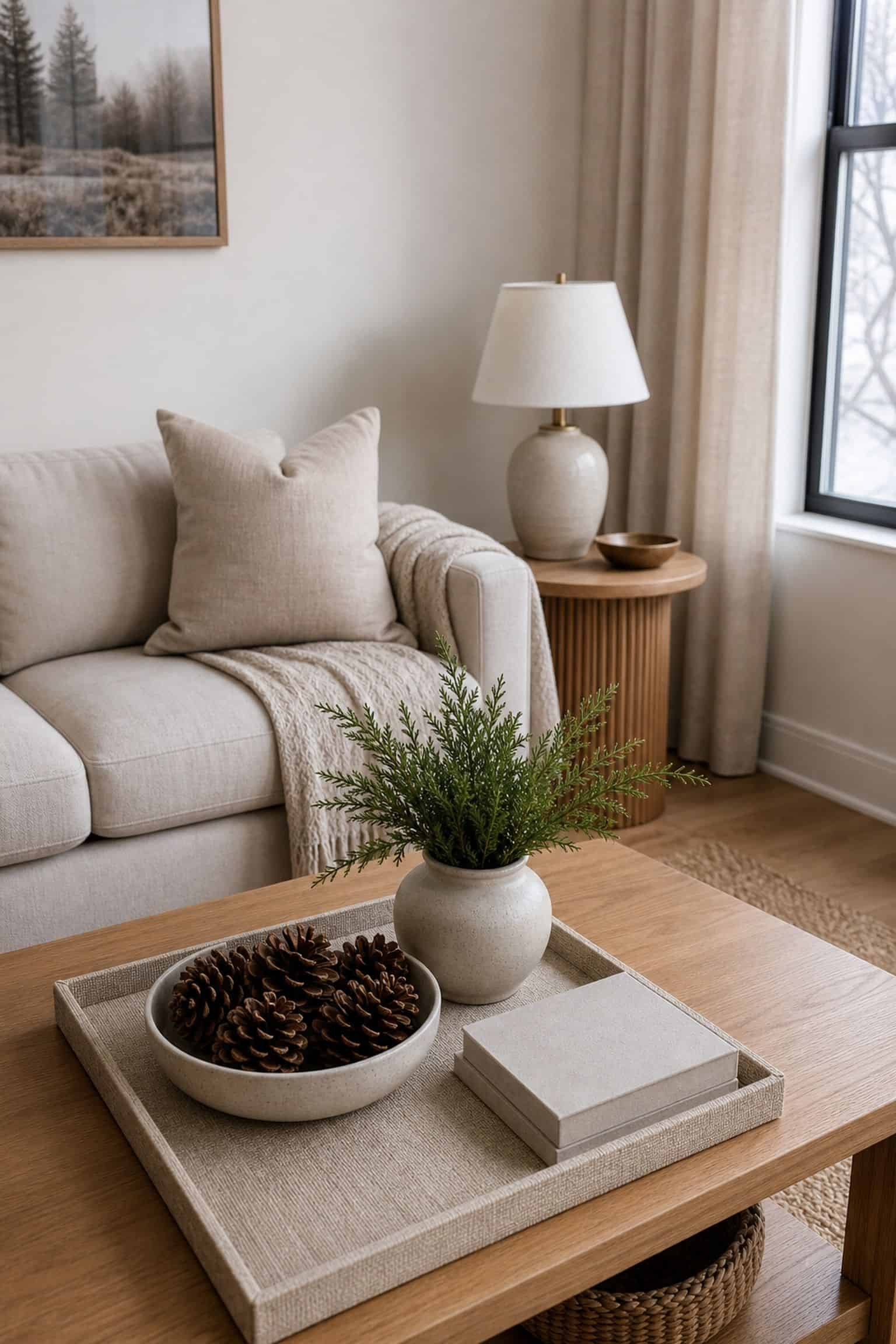 Transition the Coffee Table and Side Tables small apartment idea for Top 19 After-Christmas Winter Decor Ideas for Small Apartments.