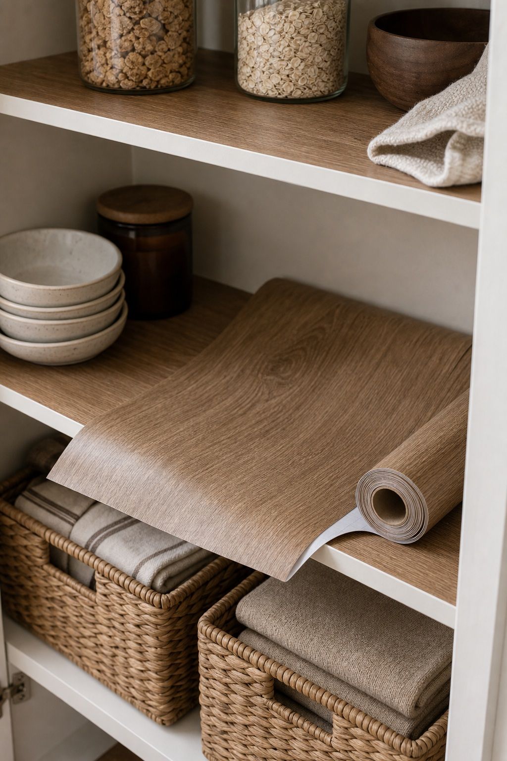 Wood-Grain Peel-and-Stick Shelf Liner small apartment idea for 20 Amazon Home Decor Finds Under $50 That Look Way More Expensive.