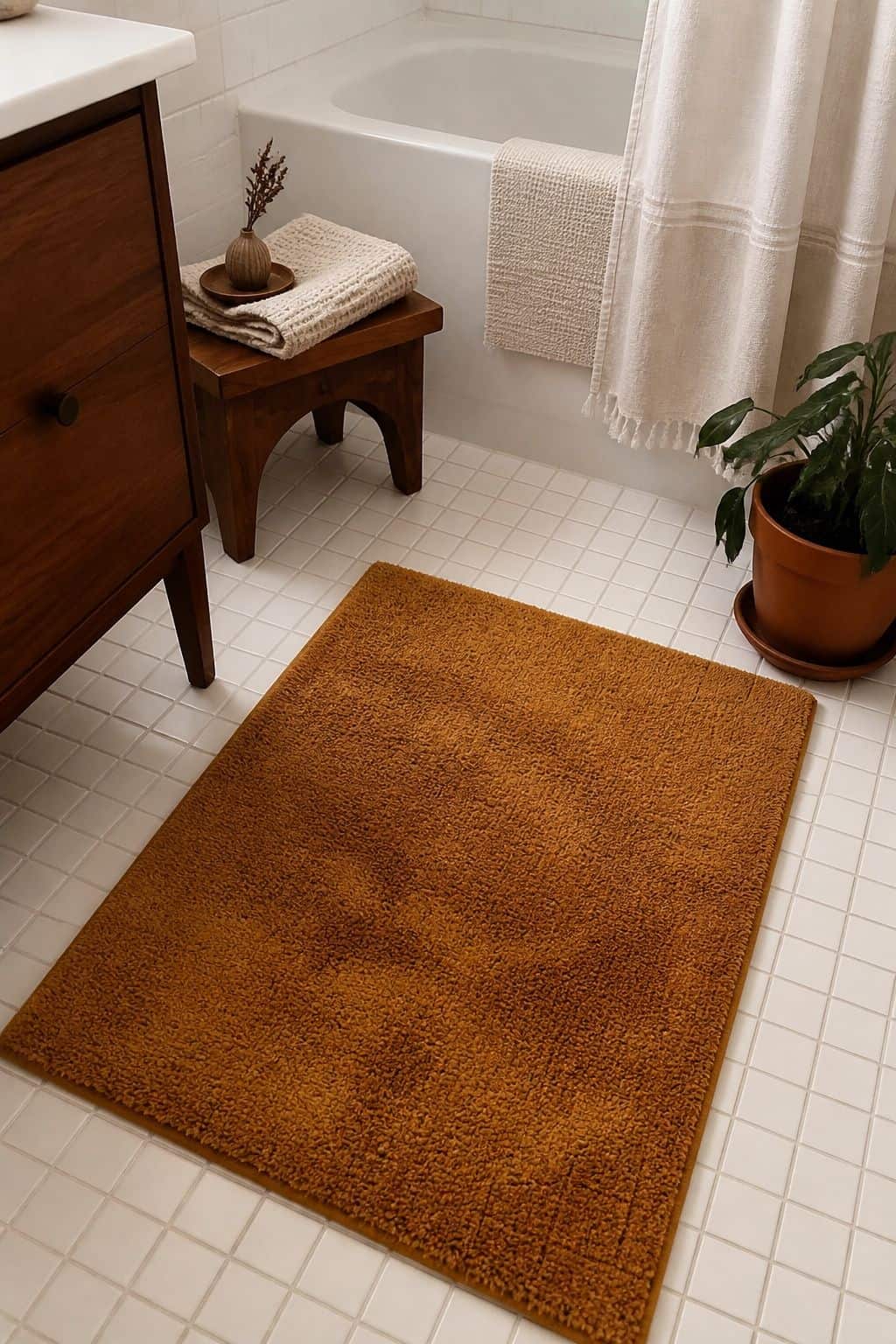 2. Change the Bath Mat to a Fall Color - autumn bathroom decor idea