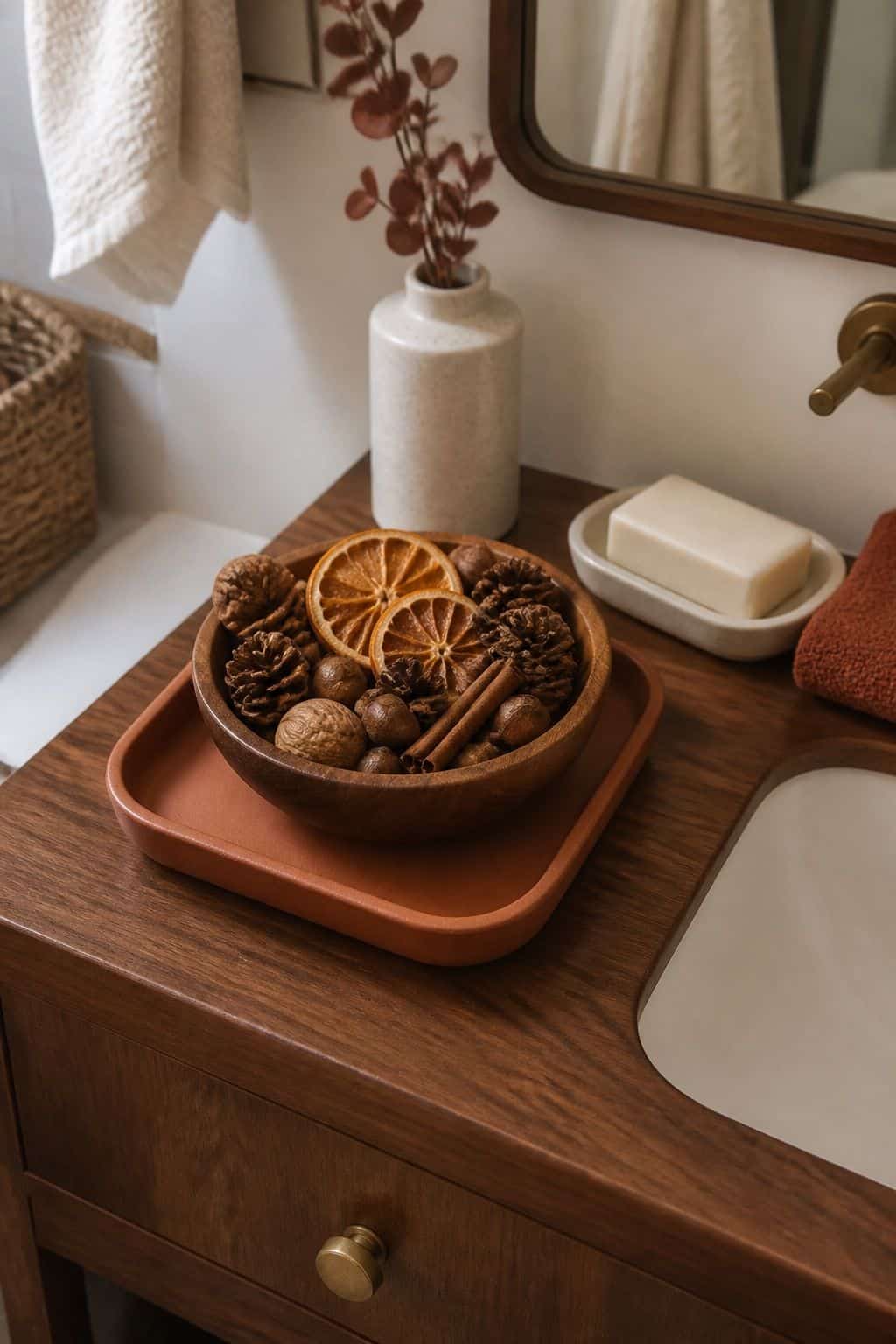 10. Style a Bowl of Natural Fall Elements - autumn bathroom decor idea