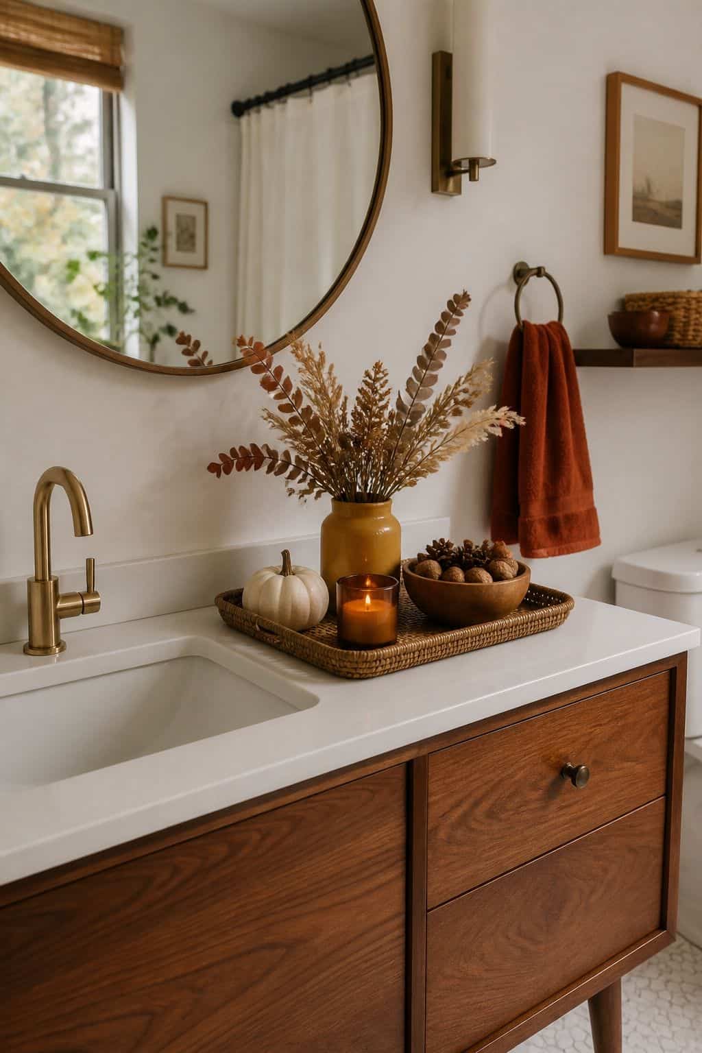 14. Concentrate the Decor Into One Styled Spot - autumn bathroom decor idea