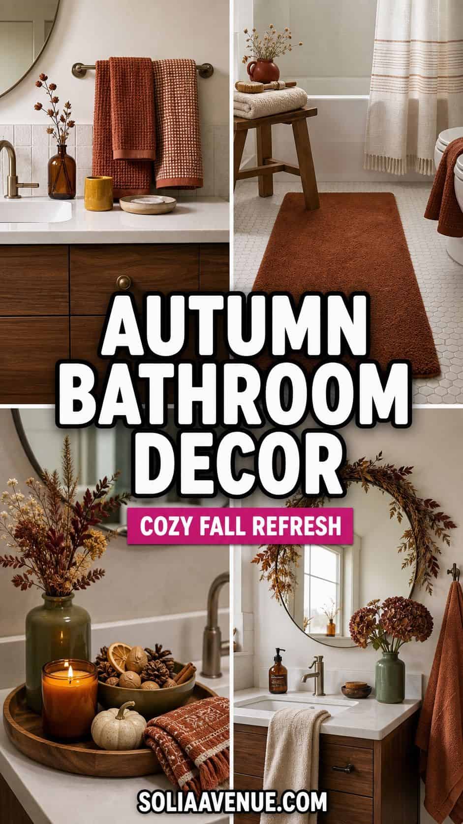 Pinterest pin collage for autumn bathroom decor ideas with towels, candles, dried florals, and fall accents