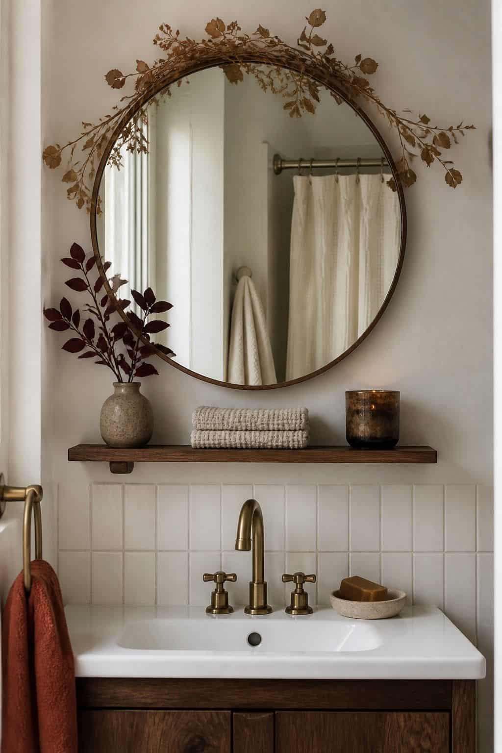 4. Restyle the Mirror or an Existing Shelf - autumn bathroom decor idea