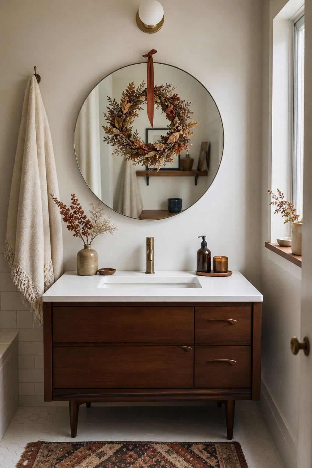 12. Hang a Small Fall Wreath or Sprig - autumn bathroom decor idea