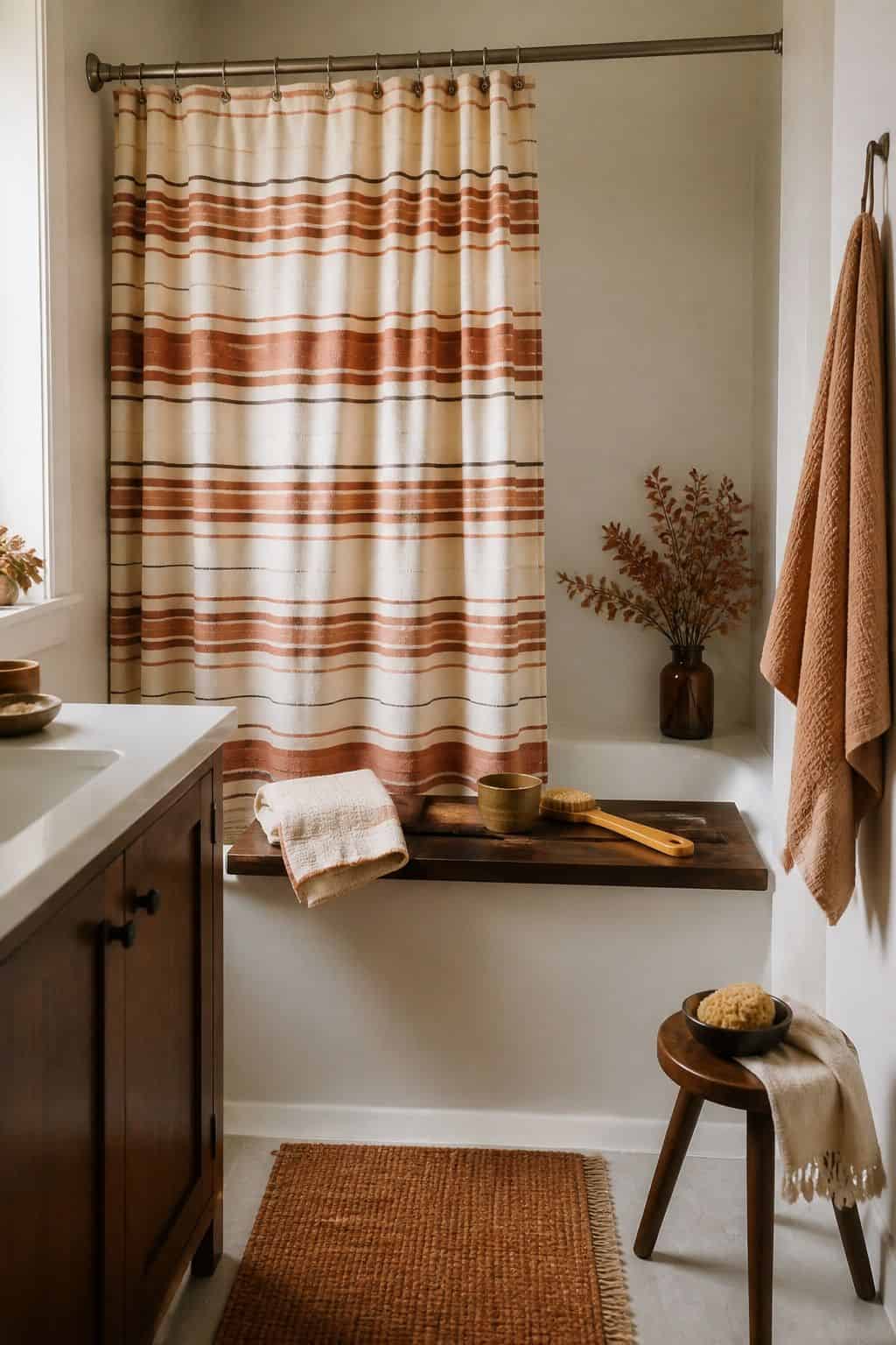8. Bring in a Seasonal Shower Curtain, Subtly - autumn bathroom decor idea