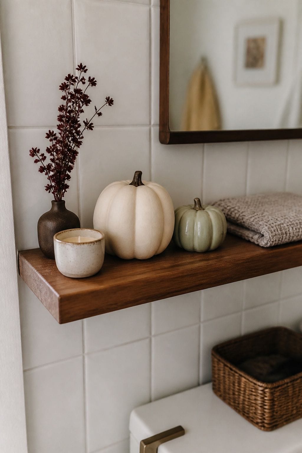 9. Add One or Two Faux Pumpkins, Tastefully - autumn bathroom decor idea