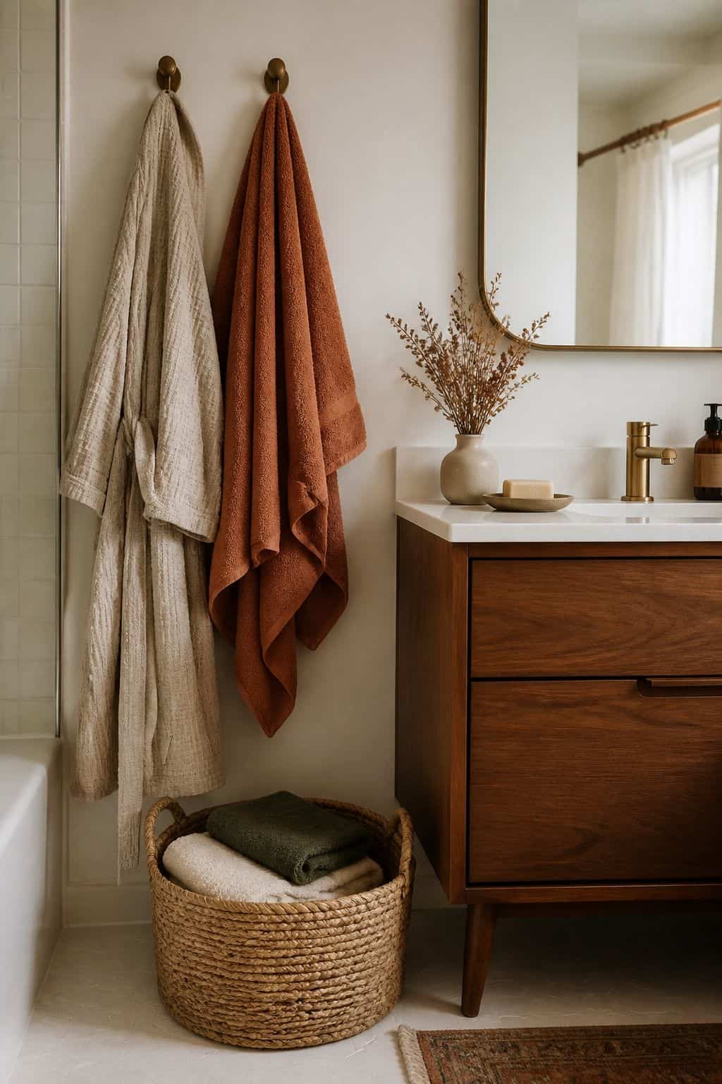 6. Layer in a Textured Towel or Robe - autumn bathroom decor idea