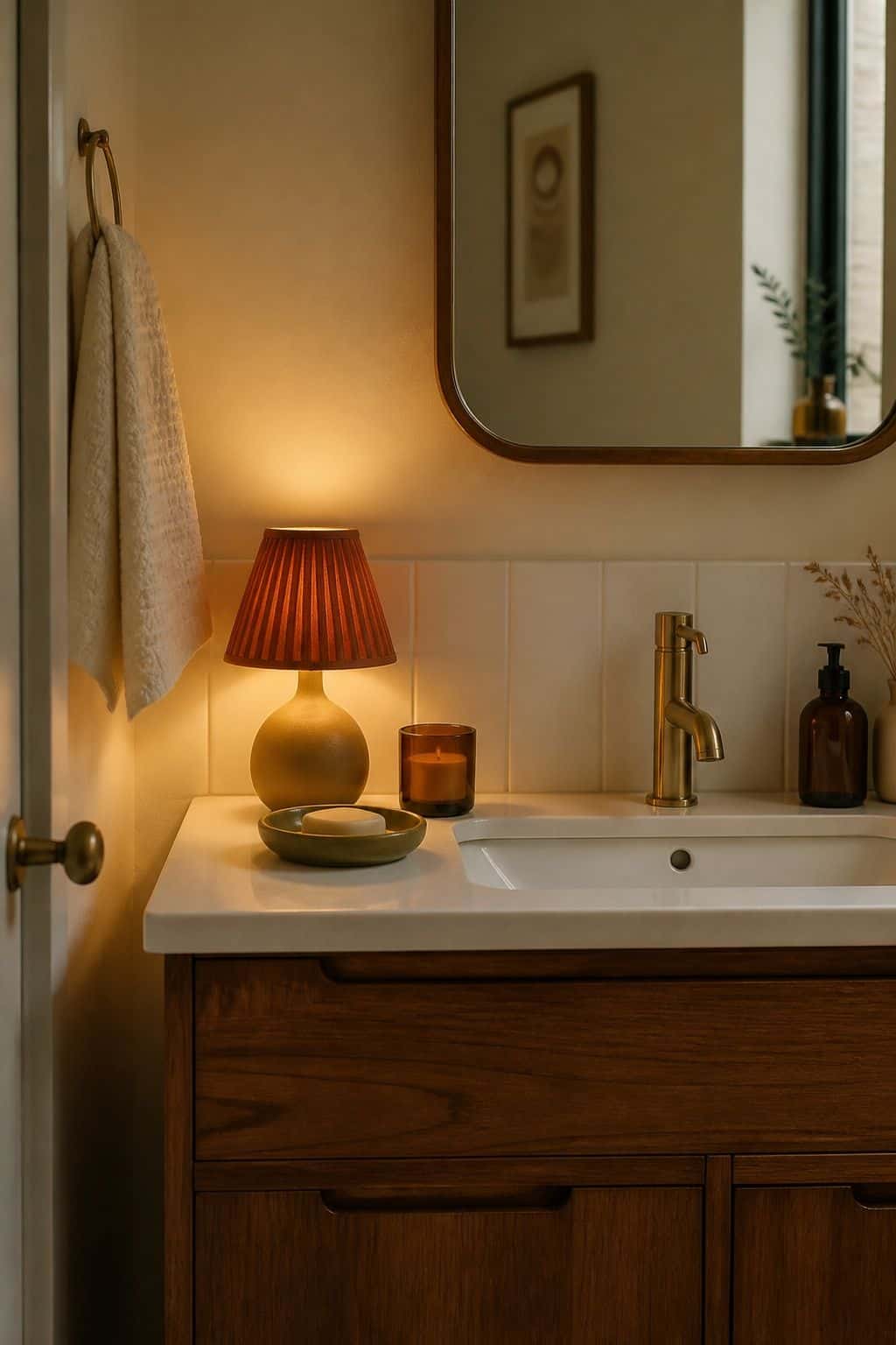15. Warm Up the Lighting - autumn bathroom decor idea