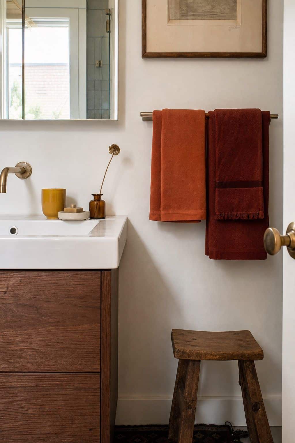 1. Switch to Warm-Toned Hand Towels - autumn bathroom decor idea