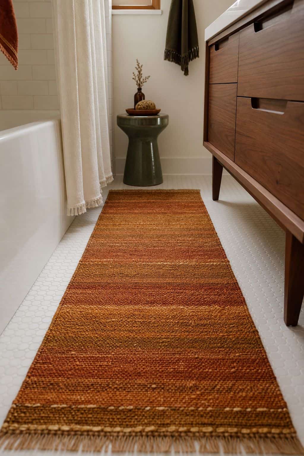 7. Add a Warm-Toned Rug or Runner - autumn bathroom decor idea