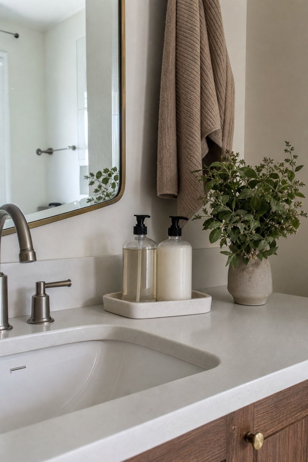 Tray with Hand Soap and Lotion small apartment idea for Top 15 Bathroom Corner Decor Ideas for Small Apartments.