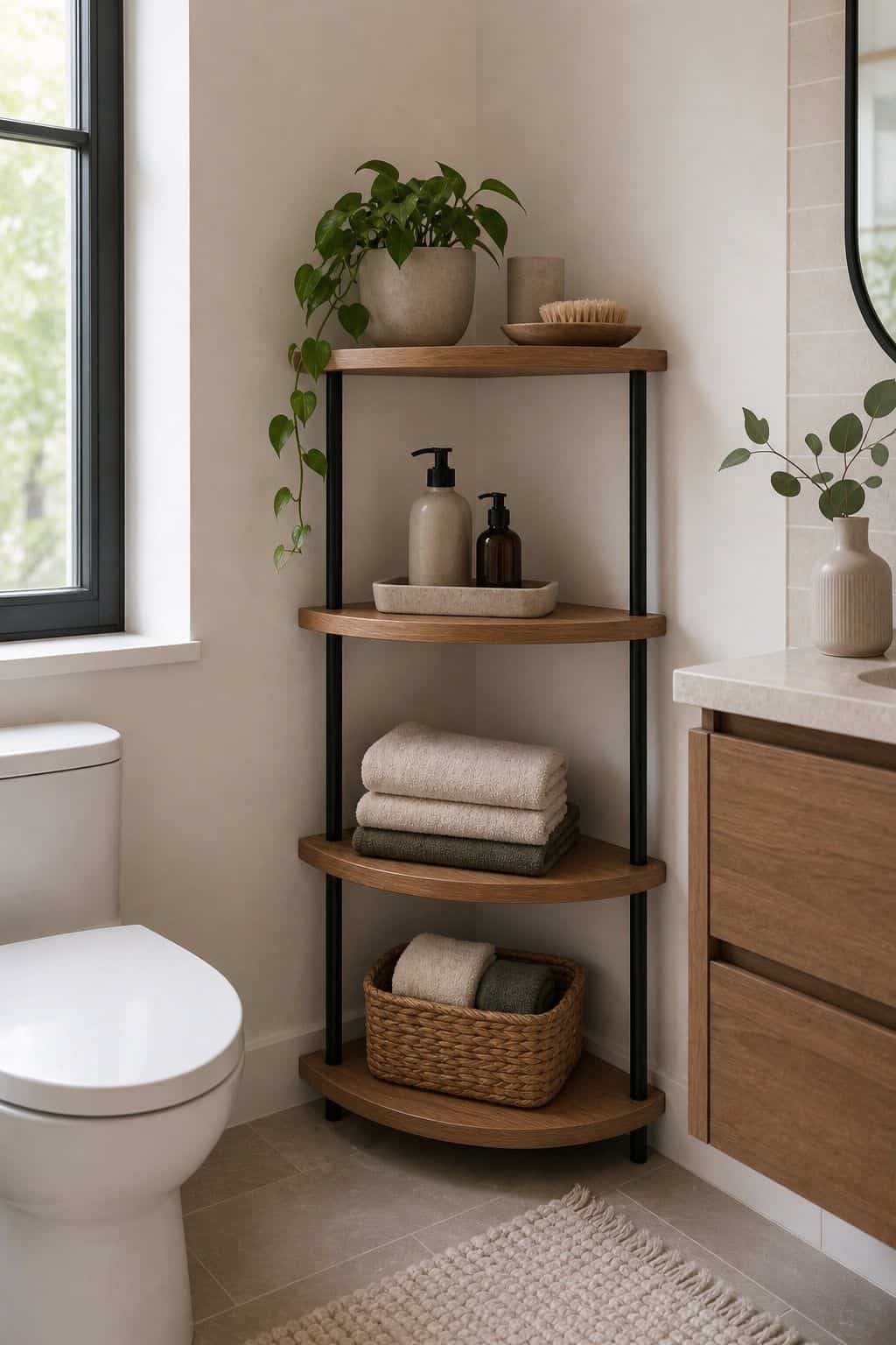 Small Shelf with Luxe Travel-Size small apartment idea for Top 15 Bathroom Corner Decor Ideas for Small Apartments.
