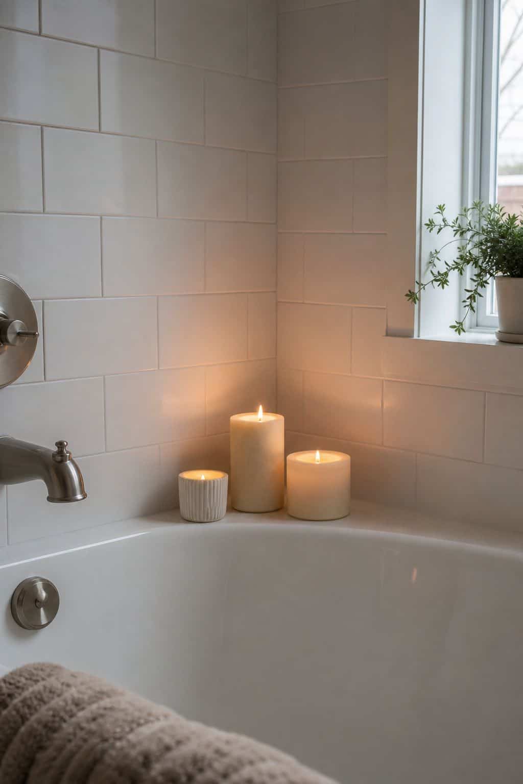 Candle Cluster on Tub Edge small apartment idea for Top 15 Bathroom Corner Decor Ideas for Small Apartments.