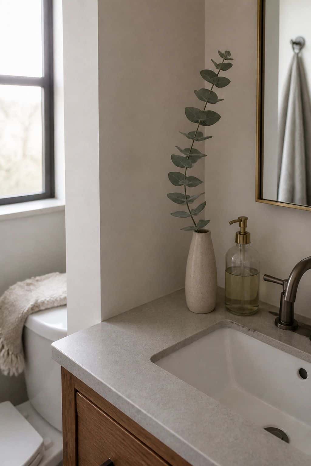 Single Eucalyptus Stem in Vase small apartment idea for Top 15 Bathroom Corner Decor Ideas for Small Apartments.