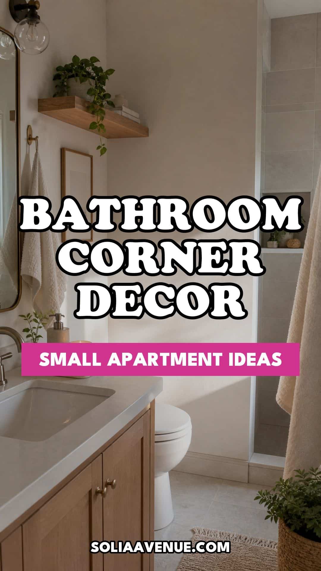 Pinterest pin for Top 15 Bathroom Corner Decor Ideas for Small Apartments from Solia Avenue.
