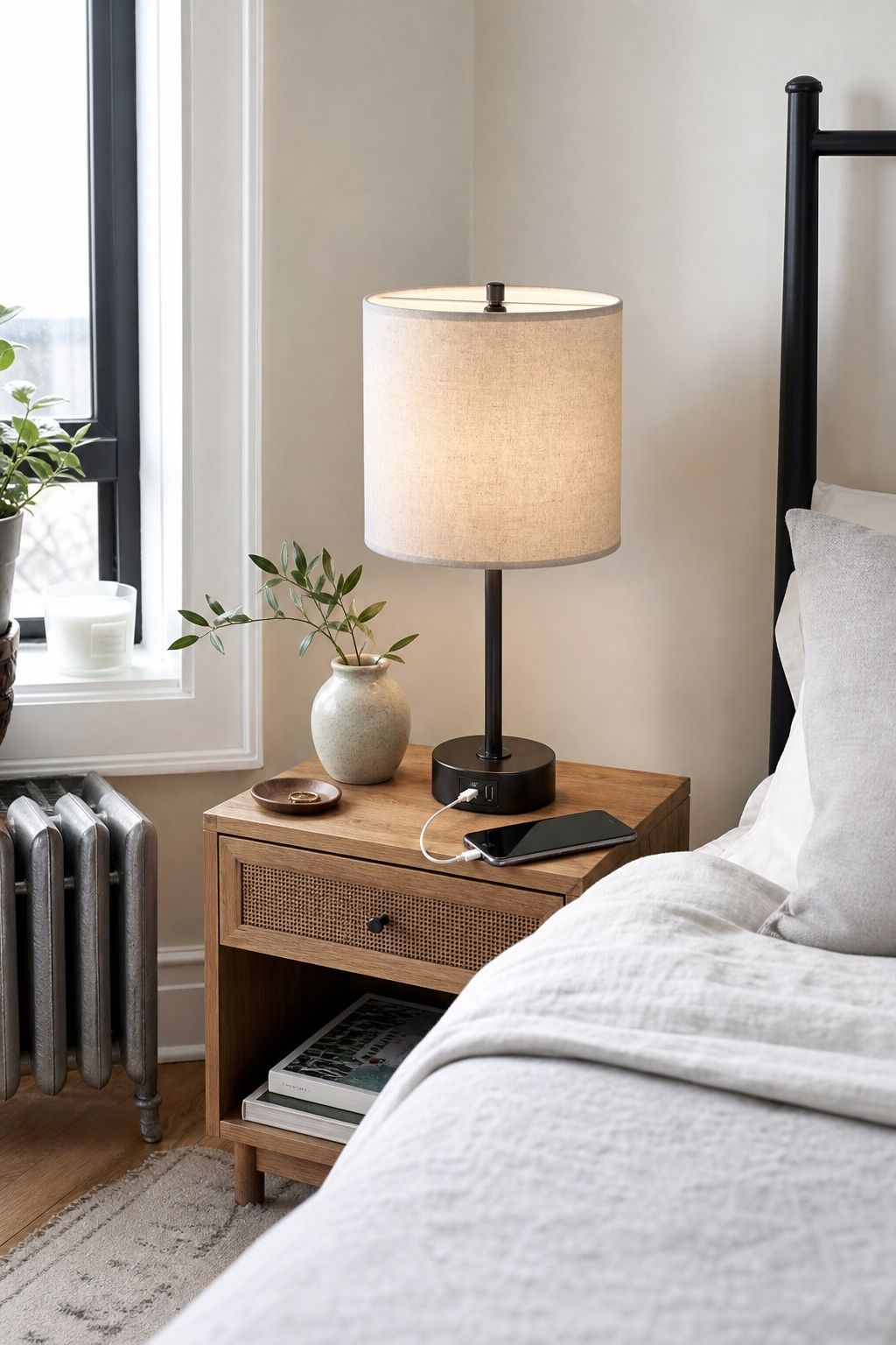 Linen Shade Bedside Lamp with USB Port small apartment idea for 15 Bedroom Aesthetic Essentials From Amazon That Transform Your Space.