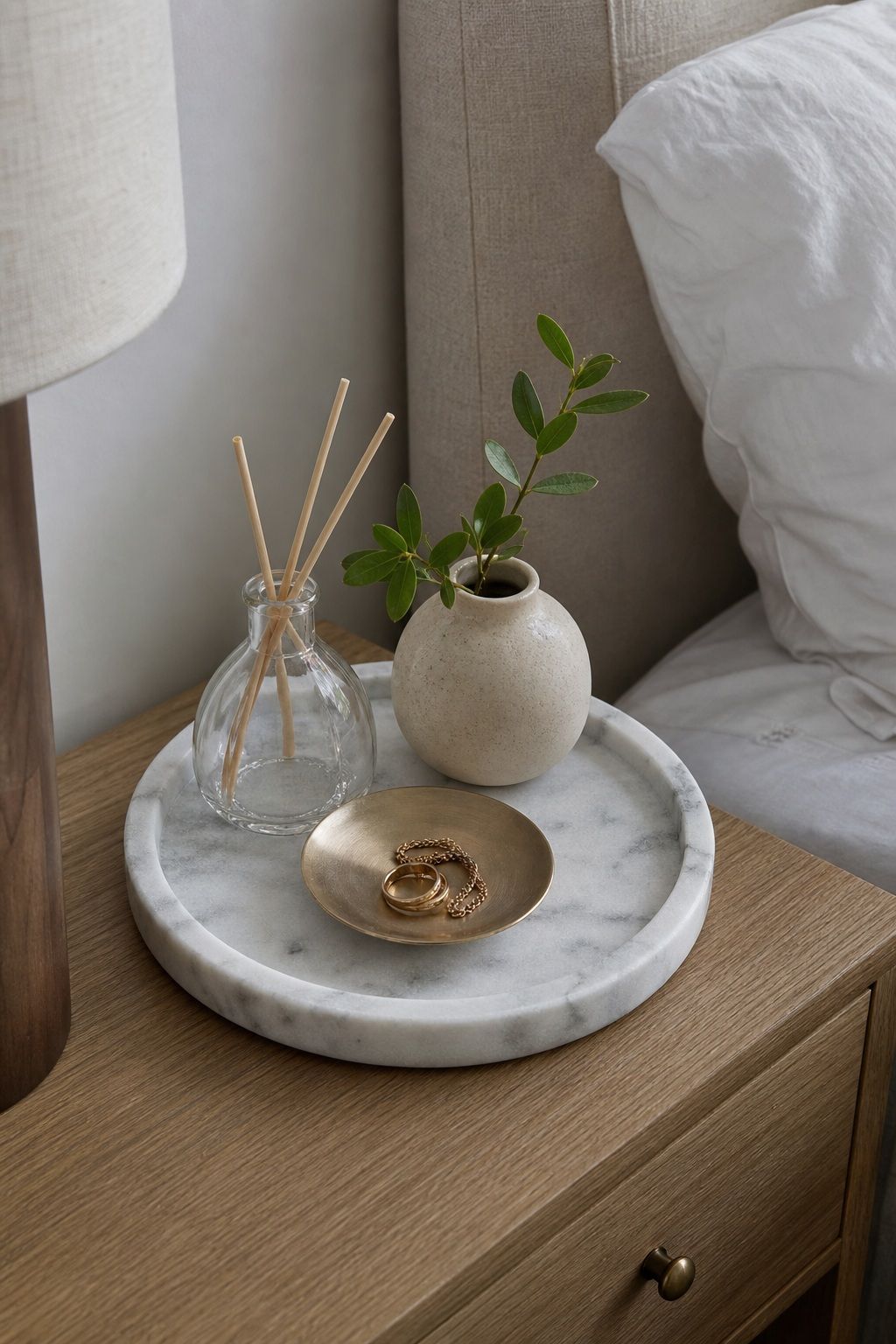 Round Marble-Look Nightstand Tray 8-inch small apartment idea for 15 Bedroom Aesthetic Essentials From Amazon That Transform Your Space.
