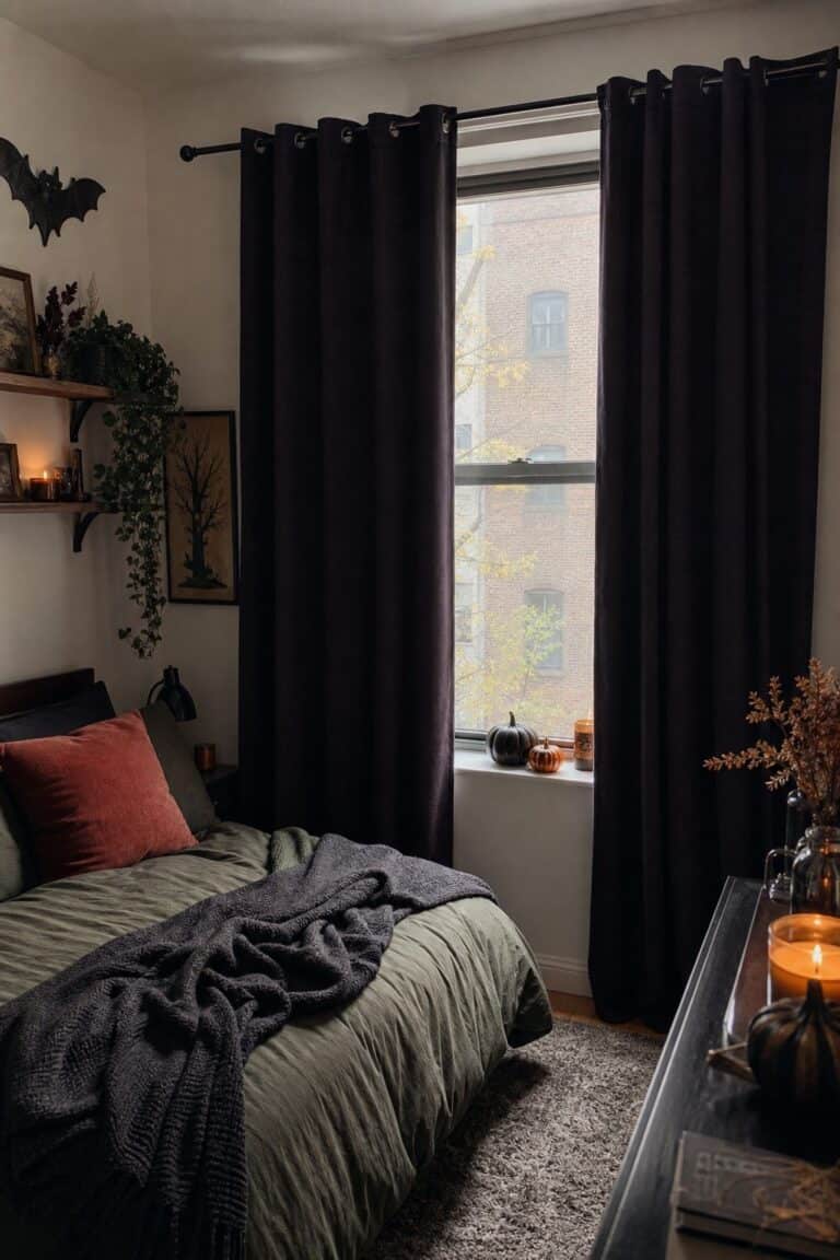 Swap to Dark or Deep-Toned Curtains small apartment idea for Top 17 Bedroom Halloween Decor Ideas for Small Apartments.