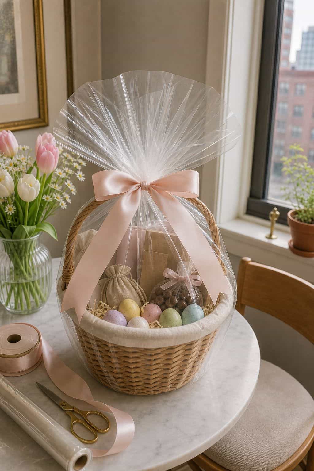 Style the Basket With a Bow and Wrapping small apartment idea for Top 19 Easter Basket Ideas for Every Age and Style.