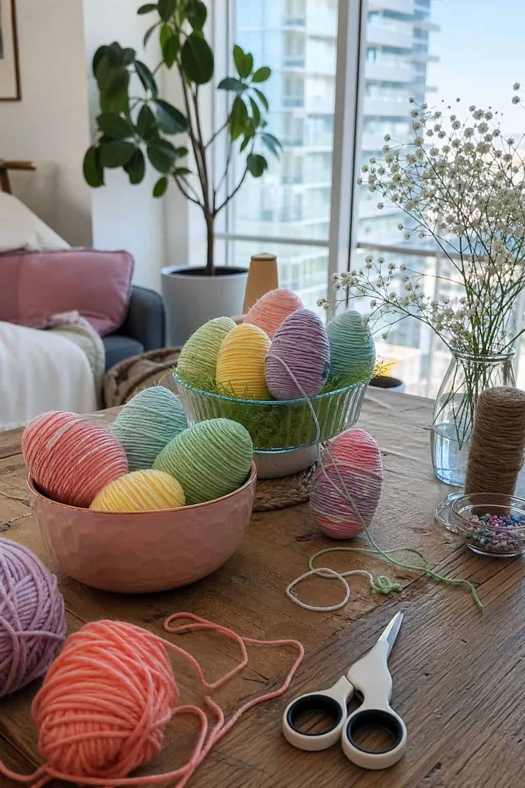 Make DIY Yarn Easter Eggs small apartment idea for Top 16 Easter Decorating Ideas for Small Apartments.