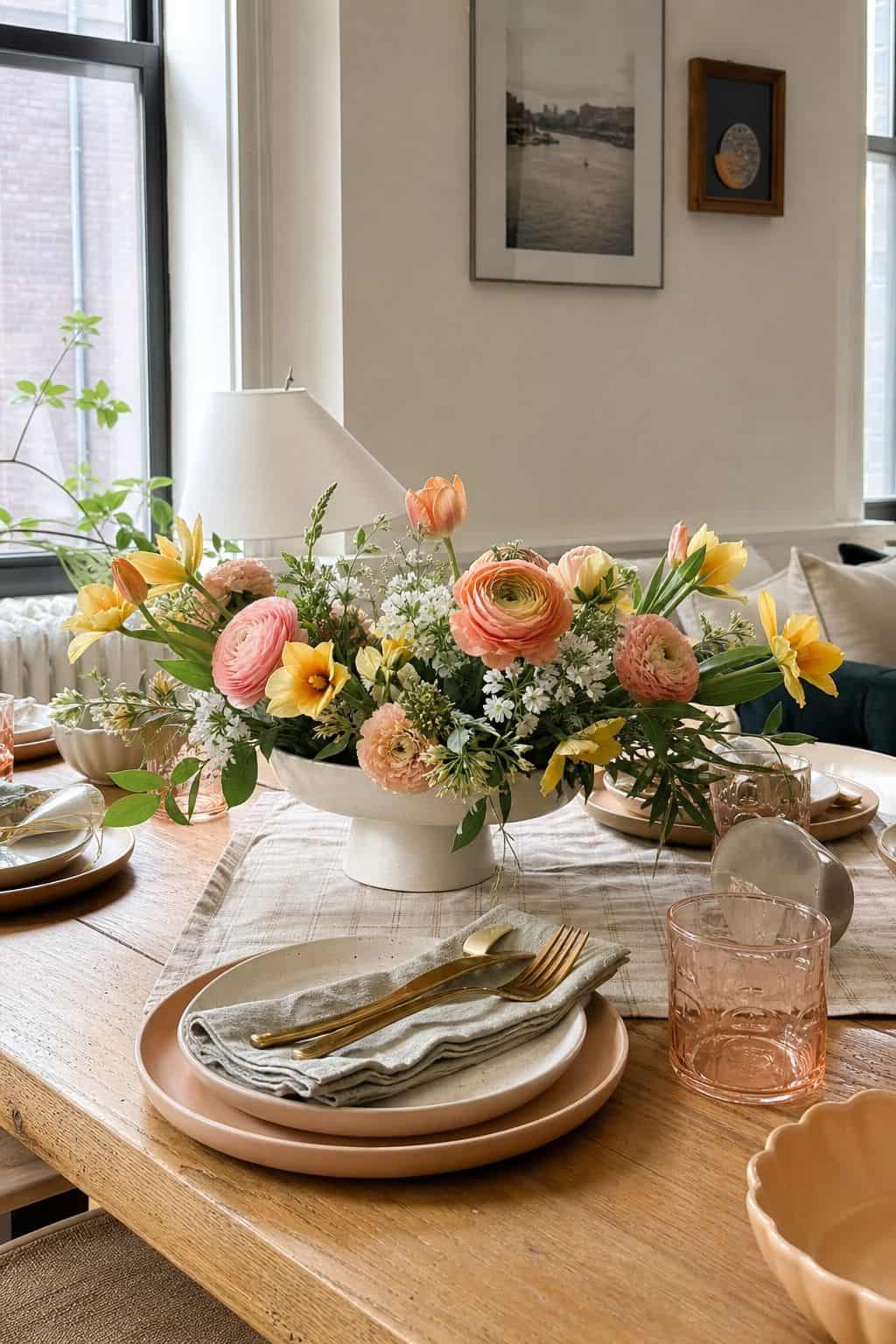 Build a Low, Wide Table Centerpiece small apartment idea for Top 17 Easter Flower Arrangement Ideas for a Fresh Spring Look.