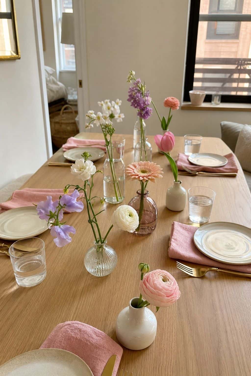 Scatter Bud Vases Down the Table small apartment idea for Top 17 Easter Flower Arrangement Ideas for a Fresh Spring Look.