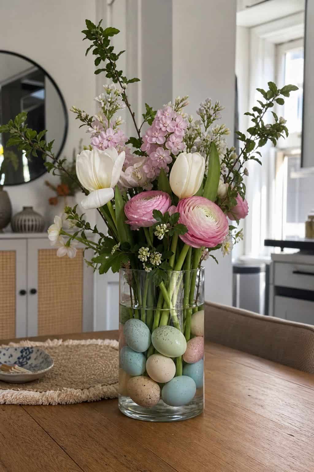 Make an Egg-Filled Vase Arrangement small apartment idea for Top 17 Easter Flower Arrangement Ideas for a Fresh Spring Look.