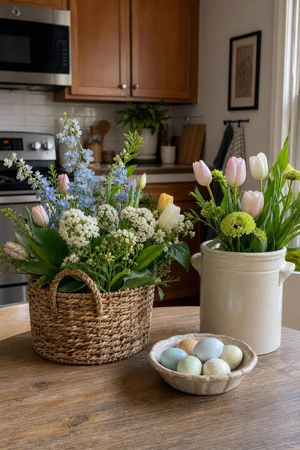 Use Natural Containers Like Baskets and Crocks small apartment idea for Top 17 Easter Flower Arrangement Ideas for a Fresh Spring Look.