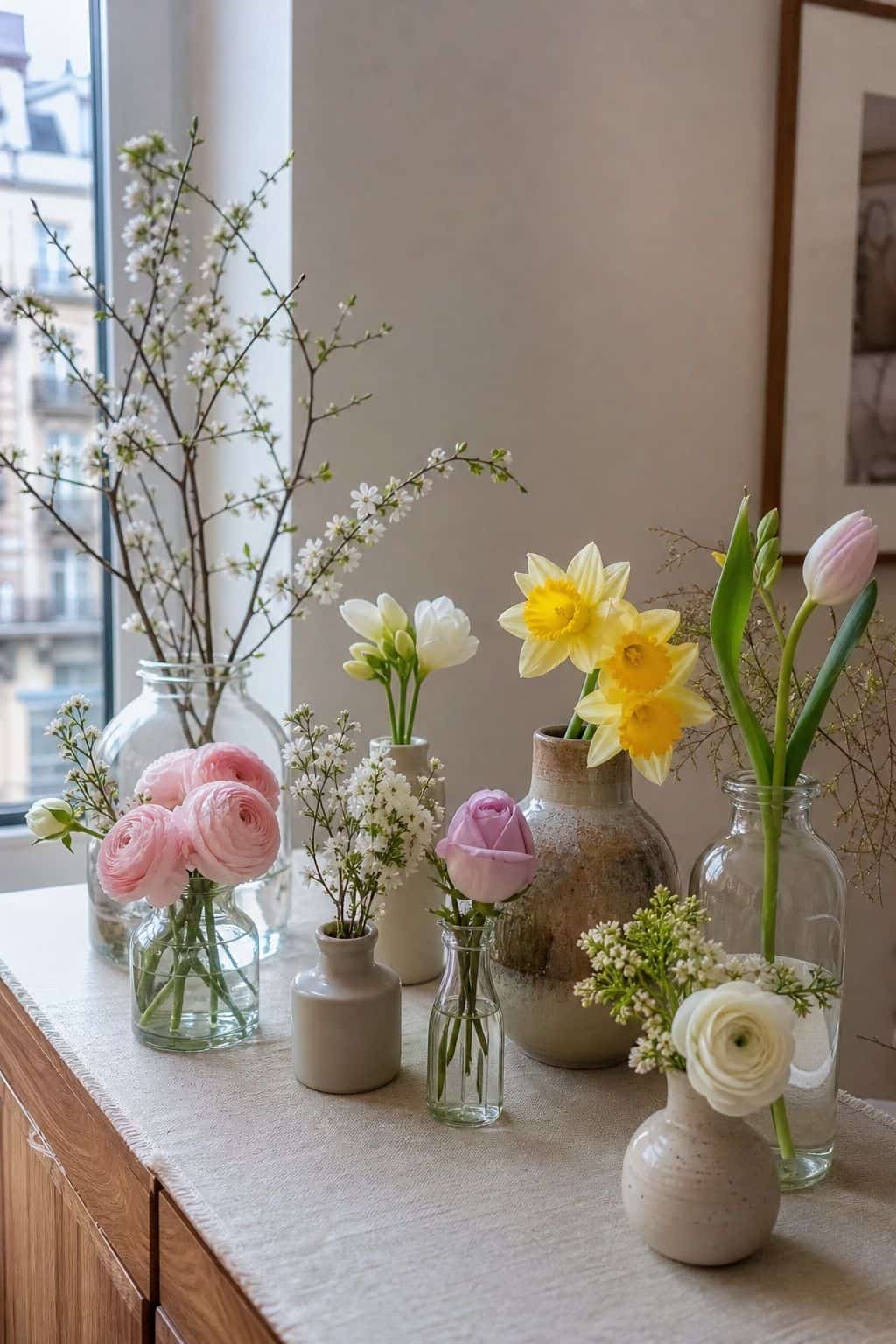 Create a Grouped Arrangement of Small Vessels small apartment idea for Top 17 Easter Flower Arrangement Ideas for a Fresh Spring Look.