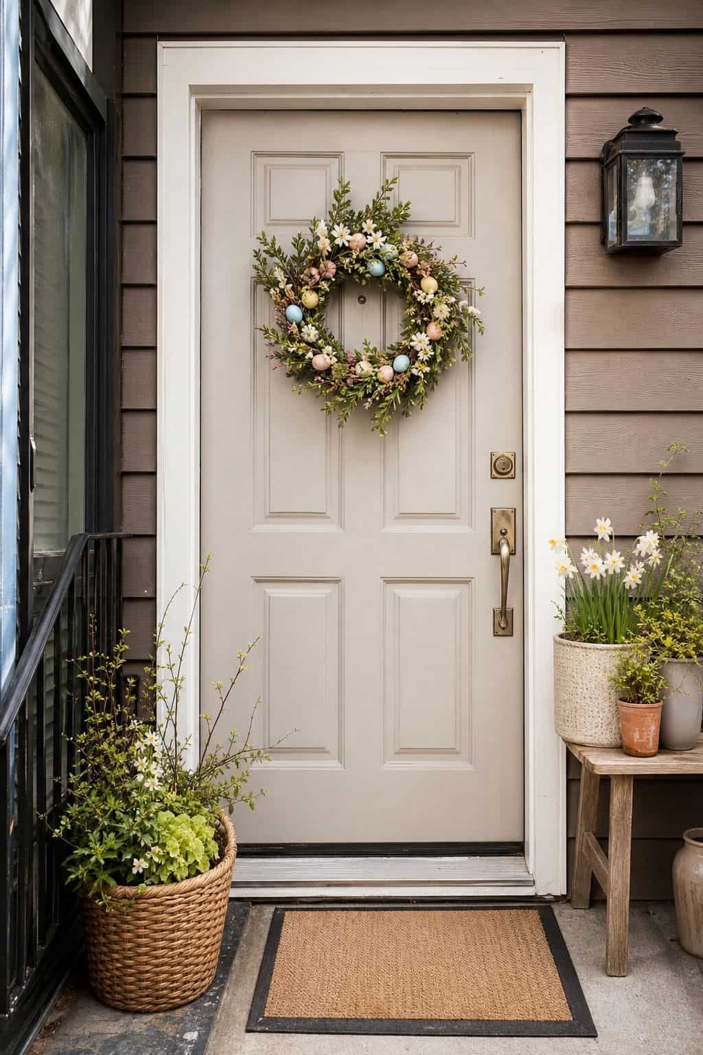 Hang an Egg-and-Floral Easter Wreath small apartment idea for Top 17 Easter Front Porch Decor Ideas for Apartments and Small Outdoor Spaces.