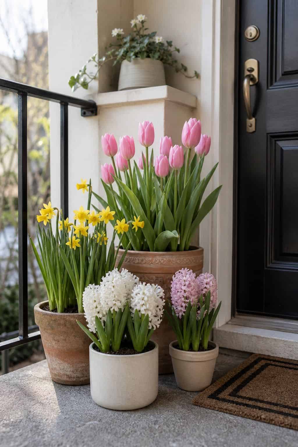 Set Out Potted Tulips, Daffodils, and Hyacinths small apartment idea for Top 17 Easter Front Porch Decor Ideas for Apartments and Small Outdoor Spaces.