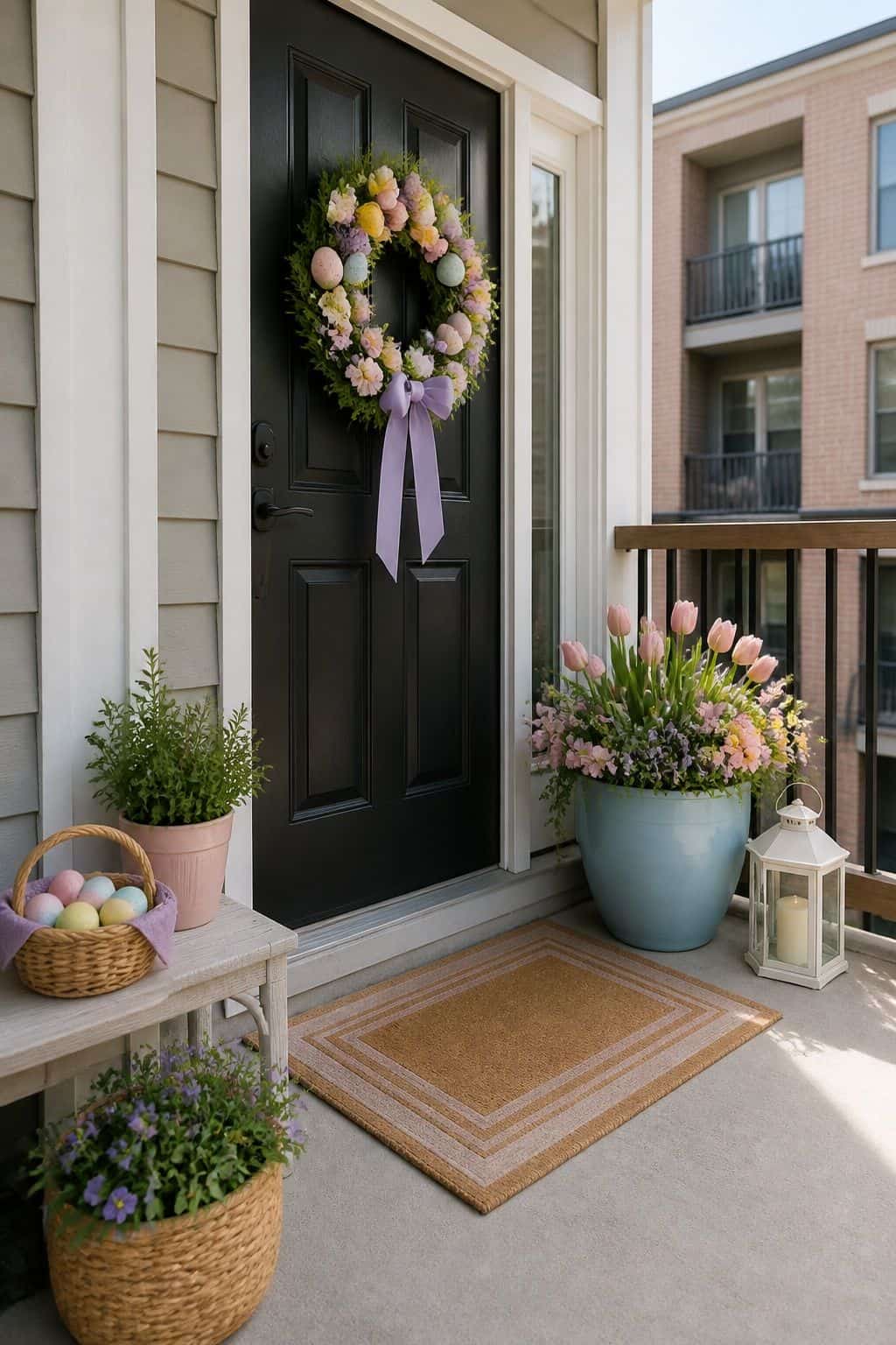 Choose a Soft Pastel Color Palette small apartment idea for Top 17 Easter Front Porch Decor Ideas for Apartments and Small Outdoor Spaces.