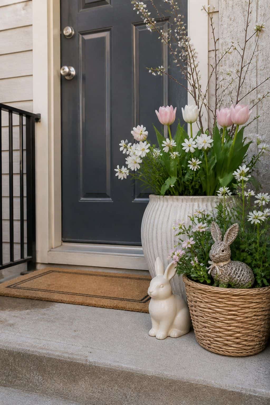 Add Subtle Bunny Accents small apartment idea for Top 17 Easter Front Porch Decor Ideas for Apartments and Small Outdoor Spaces.